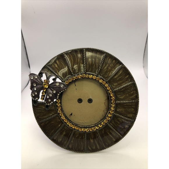 Butterfly Small 5” Photo Frame‎ Round Tabletop Glam Metal Epoxy Bling Glitter - Picture 2 of 5